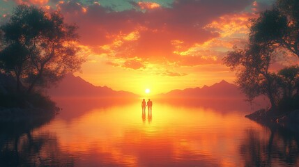 Romantic Sunset Over a Calm Lake with a Silhouette of a Couple
