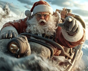 Santa Claus in a Modern Sleigh Delivering Christmas Gifts, Fun, Festive, and Whimsical Christmas Illustration