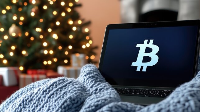 Cozy Christmas ambiance with a laptop showcasing cryptocurrency and festive decorations around a warm fireplace