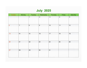 July 2025 Calendar page for 2025 year isolated on white, Save clipping path.