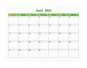 April 2025 Calendar page for 2025 year isolated on white, Save clipping path.