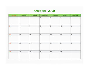 October 2025 Calendar page for 2025 year isolated on white, Save clipping path.