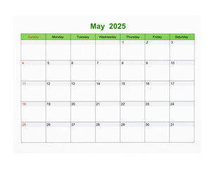 May 2025 Calendar page for 2025 year isolated on white, Save clipping path.