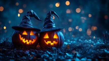 Fototapeta premium Glowing Jack-o'-Lanterns with Witch Hats in a Spooky Halloween Forest