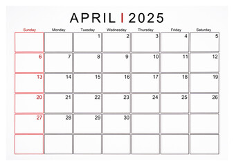 April 2025 monthly calendar page isolated on white background.