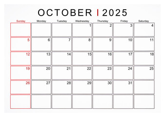 October 2025 monthly calendar page isolated on white background.