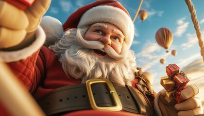 Santa Claus Soaring in a Hot Air Balloon, Delivering Quirky Christmas Gifts, A Festive and Whimsical Holiday Image