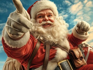 Santa Claus Soaring Through the Sky in a Vibrant Hot Air Balloon, Delivering Christmas Presents, A Festive Holiday Image