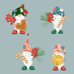 Set of cute Christmas gnomes on gray isolated background. Gnomes with a gift, a berry, gingerbread are perfect for decorating cards, invitations, printing on fabric, paper.