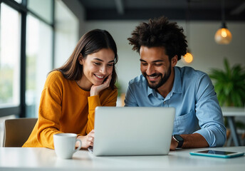 two young professionals in a modern office setting, collaborating on a creative project