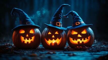 Obraz premium Glowing Jack-o'-Lanterns with Witch Hats in a Spooky Halloween Forest