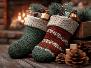 Unique Christmas Stockings Filled with Quirky Gifts by the Fireplace, Festive Decor Ideas for a Fun Holiday