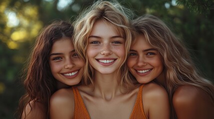 Fototapeta premium front view of young teenager girls friends outdoors in nature hugging
