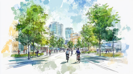 People enjoying bike ride on sunny day in green city center