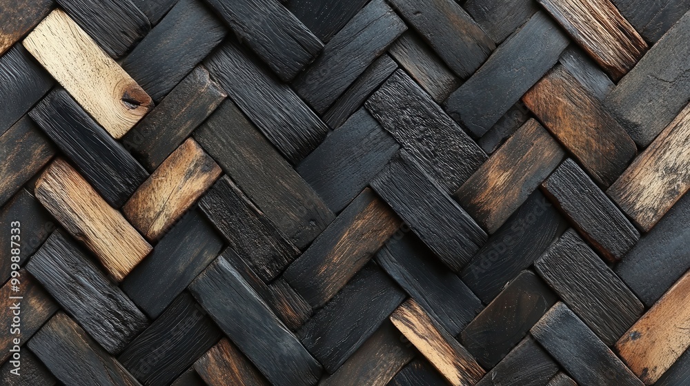 Poster a herringbone pattern crafted from dark and light wood strips, showcasing the unique texture and gra