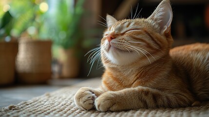 ginger cat scratching herself with leg indoors