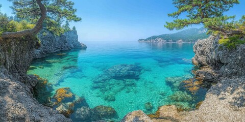 Obraz premium A serene coastal cove with crystal-clear turquoise waters and rocky cliffs adorned with lush greenery