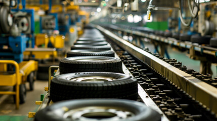 Fototapeta premium image showcases rubber tire manufacturing line with tires being processed, highlighting industrial environment and precision involved in tire production