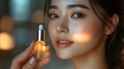 Fototapeta premium A peaceful moment of an Asian woman applying anti-aging serum, her glowing skin illuminated by soft natural light, minimalist background with warm neutral colors, focus on youth, beauty,