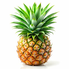 pineapple with a textured skin and green leaves on white background