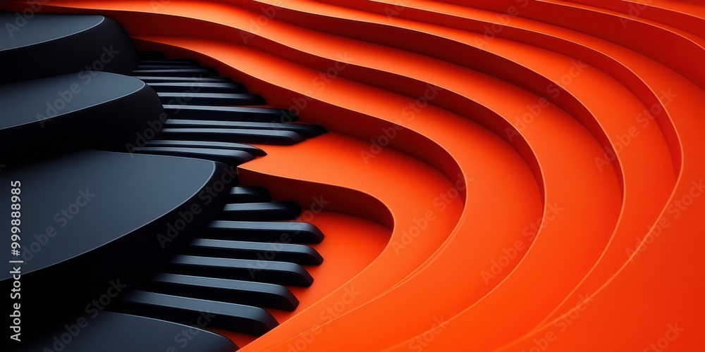 Poster abstract background with black piano keys and orange curved layers