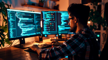 software developer coding late at night, focused on multiple screens displaying lines of code. ambient lighting creates productive atmosphere, enhancing concentration and creativity