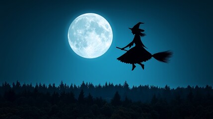 Fototapeta premium Silhouette of a witch flying on a broomstick against a full moon.
