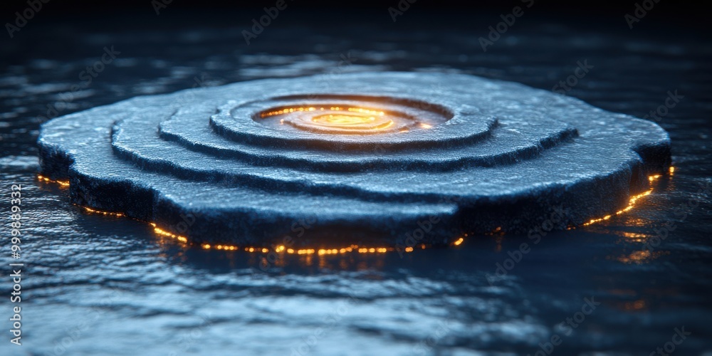 Poster a circular stone platform glowing with warm light, creating a striking contrast against the dark bac