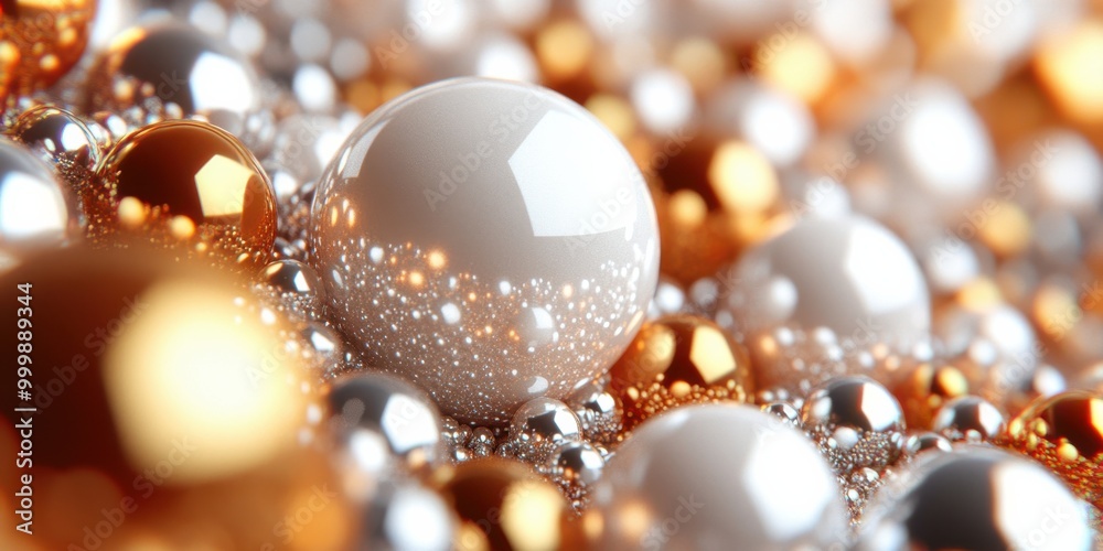 Poster A close-up view of a white sphere nestled among a bed of shimmering metallic spheres, creating a dazzling and abstract pattern.
