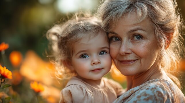 grandmother with small girll outdoors on garden party in summer playing