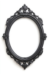 Elegant black oval picture frame hanging on white wall