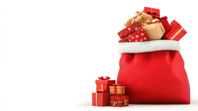 A cheerful Santa bag overflowing with colorful gifts ready to spread holiday joy against a festive white backdrop