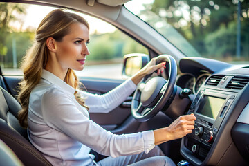 Naklejka premium woman driving car and pushing button on dashboard.