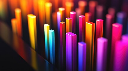 Obraz premium A colorful 3D bar graph displaying data trends with vibrant segments, set against a sleek black background, emphasizing modern data visualization techniques.