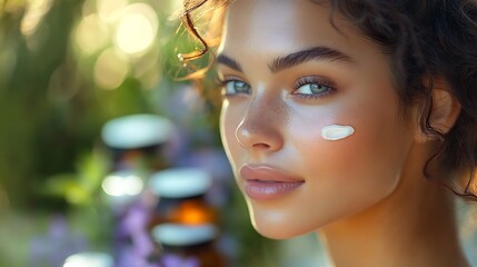 Fototapeta premium A radiant young woman gently applying eye cream, her skin glowing with health and vitality, focus on her bright eyes and smooth skin, soft morning light illuminating her face,