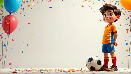 Anivers&aacute;rio. Ilustra&ccedil;&atilde;o de um menino sorridente em uniforme de futebol, ao lado de uma bola, cercado por bal&otilde;es e confetes coloridos em um ambiente festivo. Festa de anivers&aacute;rio. Convite.