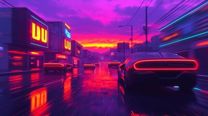 Fototapeta premium Futuristic cars driving on a neon-lit street at sunset.