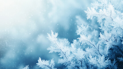 Snowy Frost Branches Close-Up with Sunlight Glare and Bokeh Effects