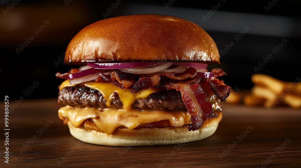 Poster A cheeseburger with bacon and red onion on a wooden table.