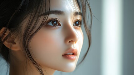 A serene close-up of an Asian woman’s cheek, her smooth, hydrated skin glowing after using a lightweight moisturizer, soft natural light highlighting the silky texture,