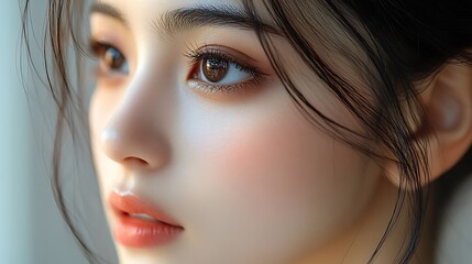 A serene close-up of an Asian woman’s cheek, her smooth, hydrated skin glowing after using a lightweight moisturizer, soft natural light highlighting the silky texture,
