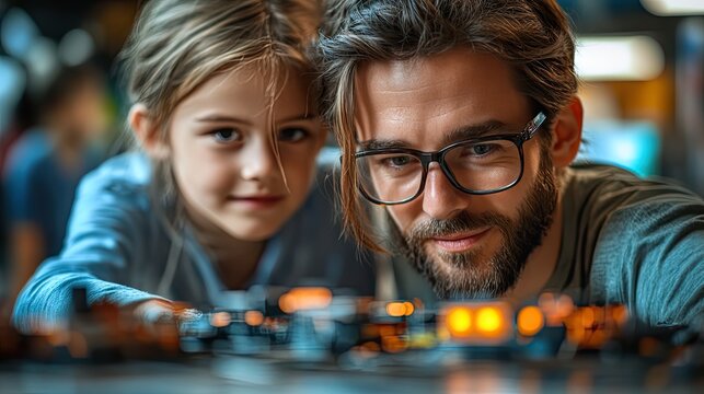 group of kids with their teacher programming electric toys and robots at robotics classroom