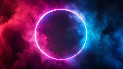 Obraz premium A glowing neon pink circle in a dark, smoky background with pink and blue clouds.