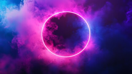 Fototapeta premium A glowing neon pink circle in a dark, smoky background with pink and blue clouds.
