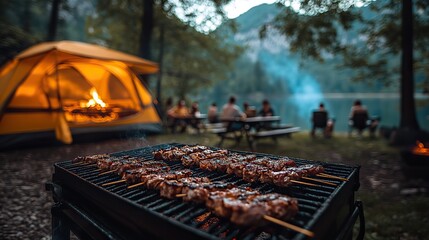 group of multiracial young friends camping in campsite near lake and and having barbecue putting skewers o grill