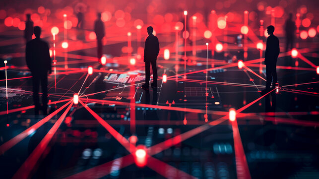 image depicts digital landscape with shadowy figures connected by red lines, symbolizing advanced persistent threats in cybersecurity