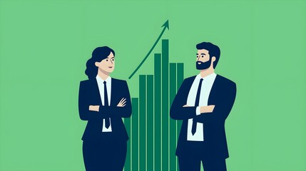 Illustrated upward growth chart featuring two faces, symbolizing progress and collaboration in a vibrant green theme.