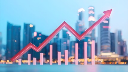 Fototapeta premium Corporate growth symbolized by an upward arrow, urban skyline backdrop, representing mergers and acquisitions in a dynamic business environment