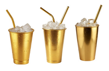 Three Golden Cups with Straws and Ice Cubes on White Background