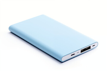 A sleek, modern power bank with metallic edges and a digital display showing the charging percentage. The power bank is placed on a wooden table with a phone plugged in, showing charging icon on phone